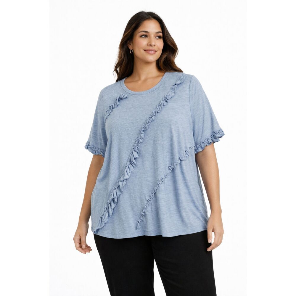 Lane Bryant 100% Cotton Blue Diagonal Ruffle Trim Top Shirt Tee Shirt Size 22/24